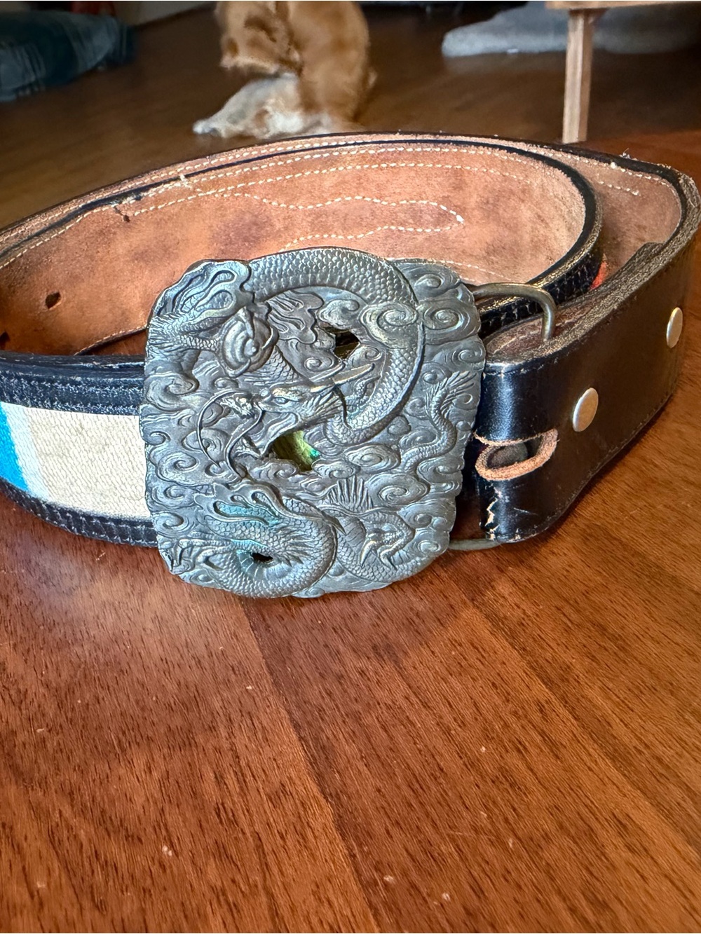 Men's Black Leather Belt with Ornate Metal Dragon Buckle